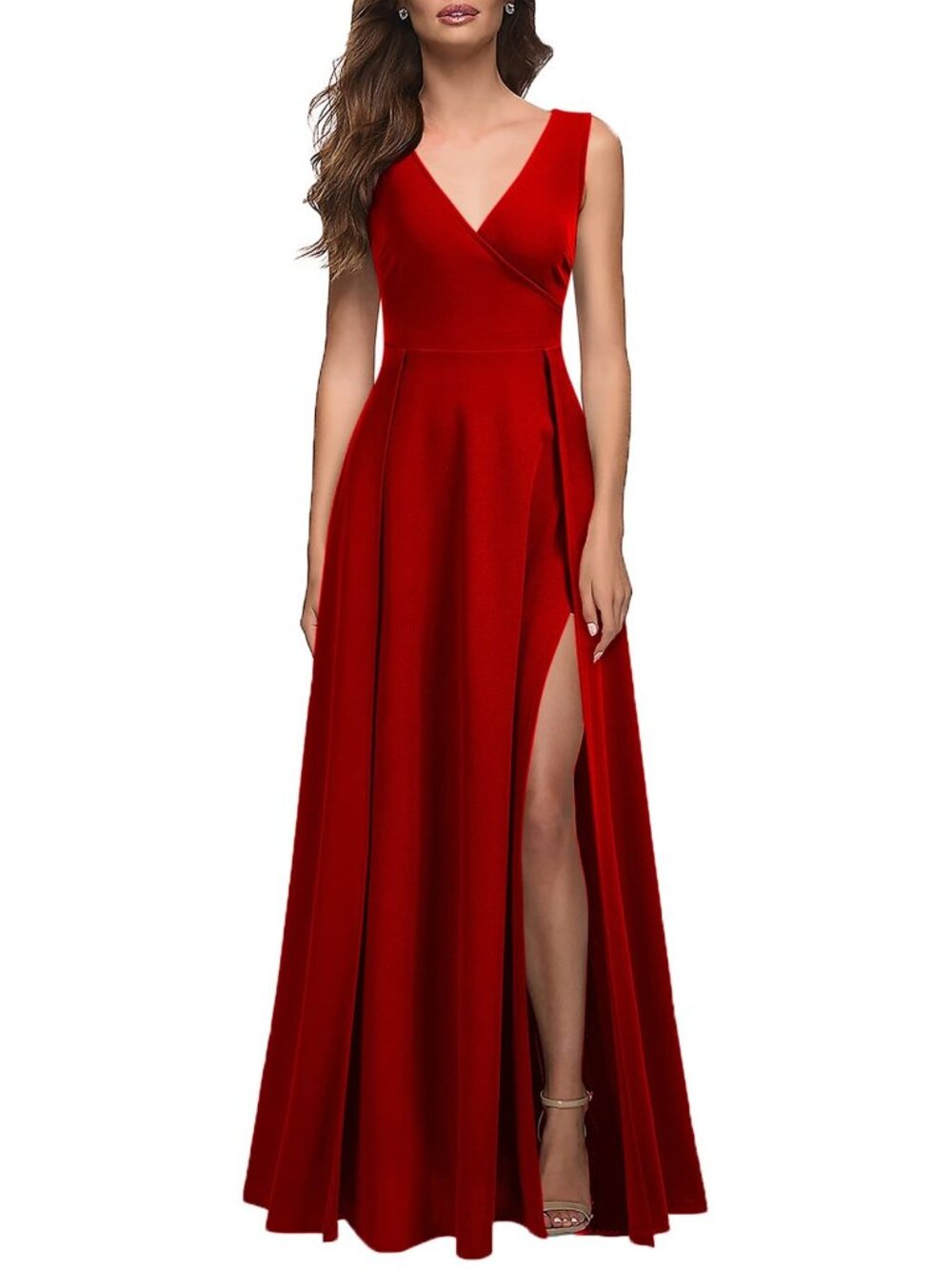 MUSHARE "Small"  V Neck Sleeveless Split Formal Dress Cocktail  Prom Long Red
